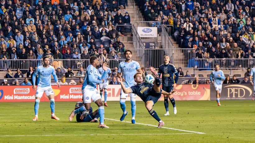 New York City FC player challenges opponent during MLS playoff match in November 2025
