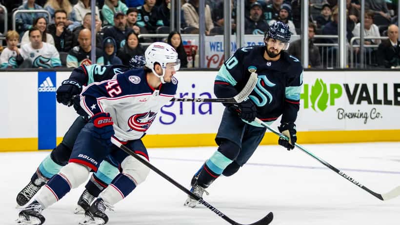 Alexandre Texier in NHL action during Columbus Blue Jackets vs Seattle Kraken game
