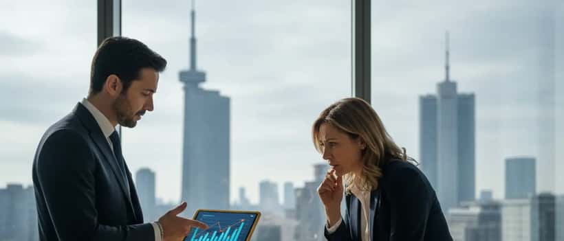 Consulente finanziario italiano mostra grafici sull'oro a un cliente in un ufficio moderno