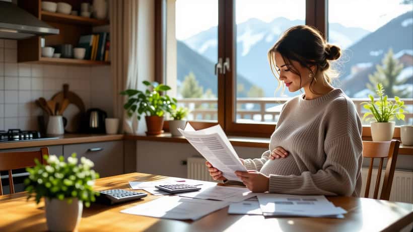 Femme enceinte examinant ses documents de caisse de compensation AVS et une calculatrice dans sa cuisine en Suisse