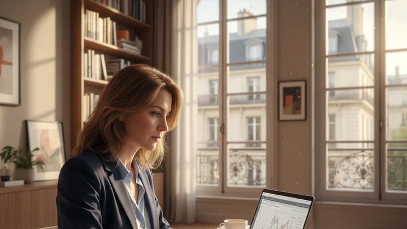 Conseillère financière française analysant la correction du S&P 500 sur son ordinateur portable dans un bureau parisien