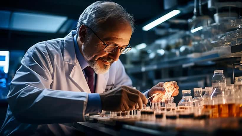 Oncologo italiano in laboratorio esamina campioni di farmaci sperimentali per il tumore al pancreas