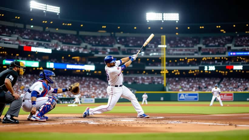 Lanceur gaucher en plein mouvement de lancer sur un monticule de baseball sous les projecteurs d'un stade professionnel