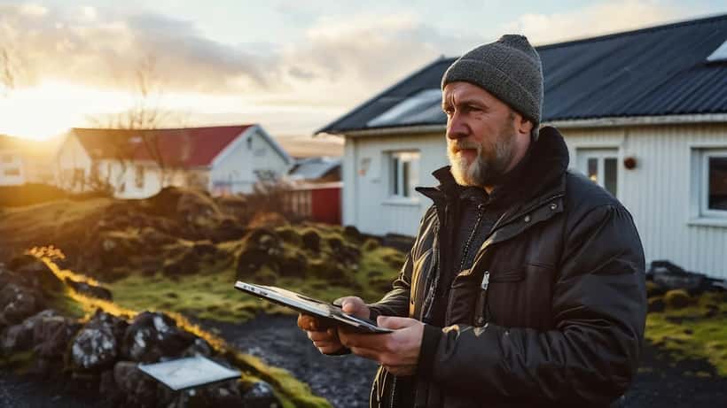 Fasteignasali stendur utan íbúðar með til sölu skilti á íslenskri götu vor 2026