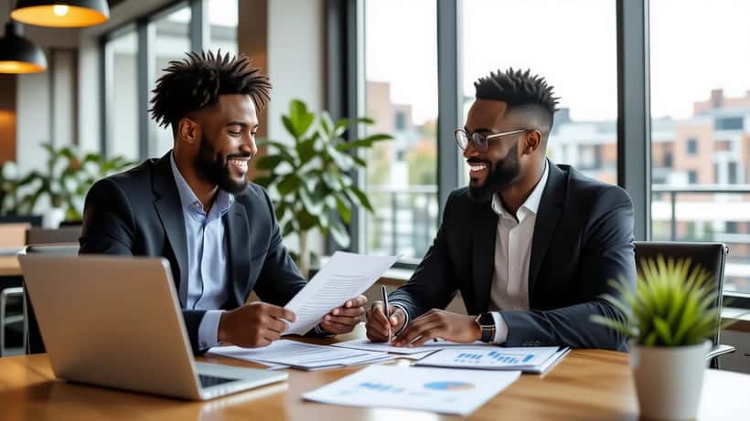 Joueur de basketball en réunion avec un conseiller financier examinant un contrat sportif