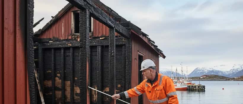 Håndverker i sikkerhetsutstyr inspiserer brannskadet bygning ved kaianlegg i Øksfjord, Finnmark