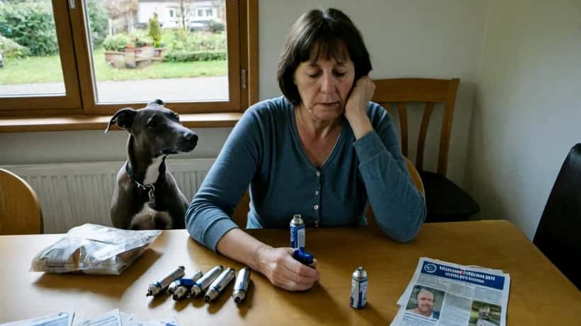 Mutter betrachtet Lachgaskapseln auf dem Küchentisch — Symbol für das neue Lachgas-Verbot in Deutschland
