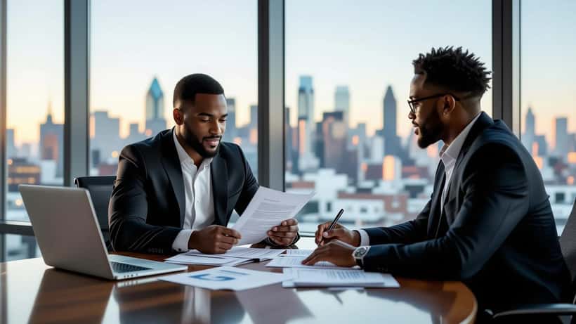 Young athlete reviews NFL contract with financial adviser in modern Philadelphia office