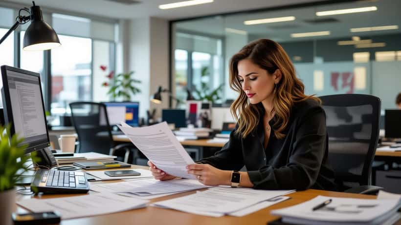 Canadian writer reviewing a film adaptation contract in a Montreal law office, screenplay pages and copyright reference spread on the desk