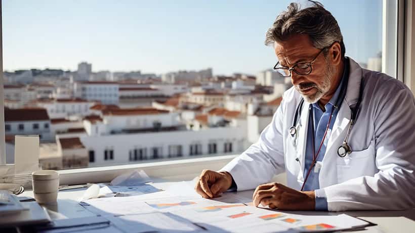 Médico cardiologista a analisar eletrocardiograma numa clínica em Lisboa