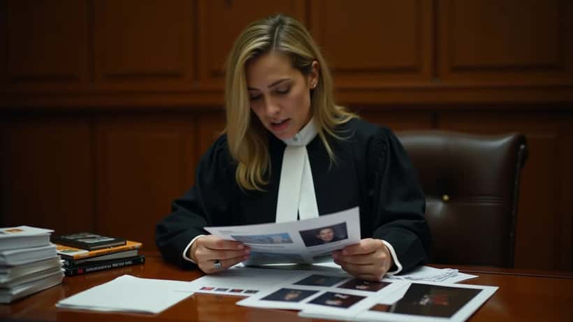 Female barrister reviewing social media printouts and legal documents in a Sydney Federal courtroom