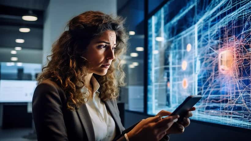 Femme frustrée regardant son smartphone affichant une erreur réseau dans un bureau en Suisse