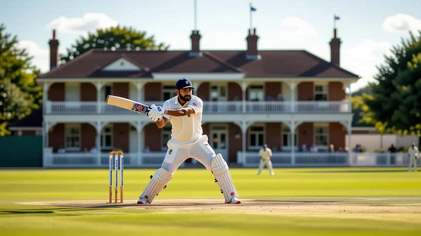 South Asian cricketer in whites delivering a bowling action at a county cricket ground in England