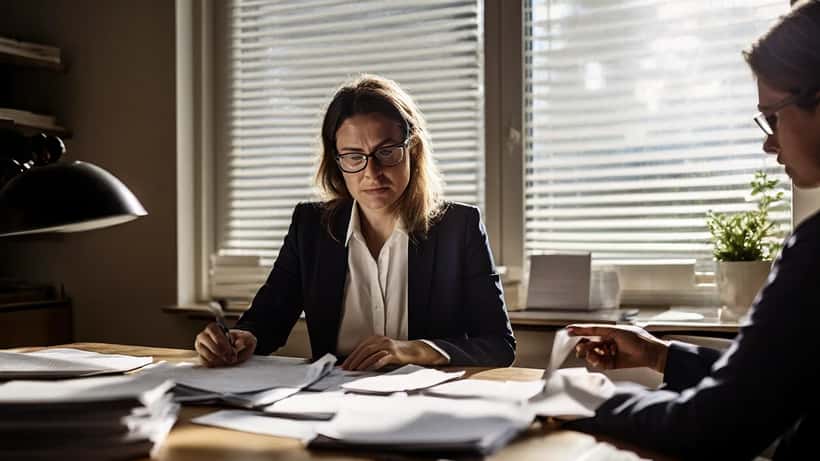 Advokat gennemgår dokumenter om vold i nære relationer i et dansk kontor