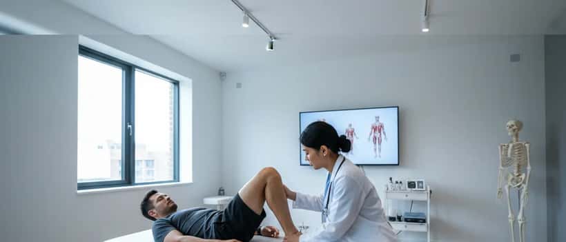 Sports medicine doctor examining an athlete's leg in a consultation room