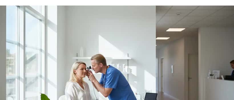 Svensk läkare undersöker en patients öra med otoskop i en ljus Skandinavisk klinik