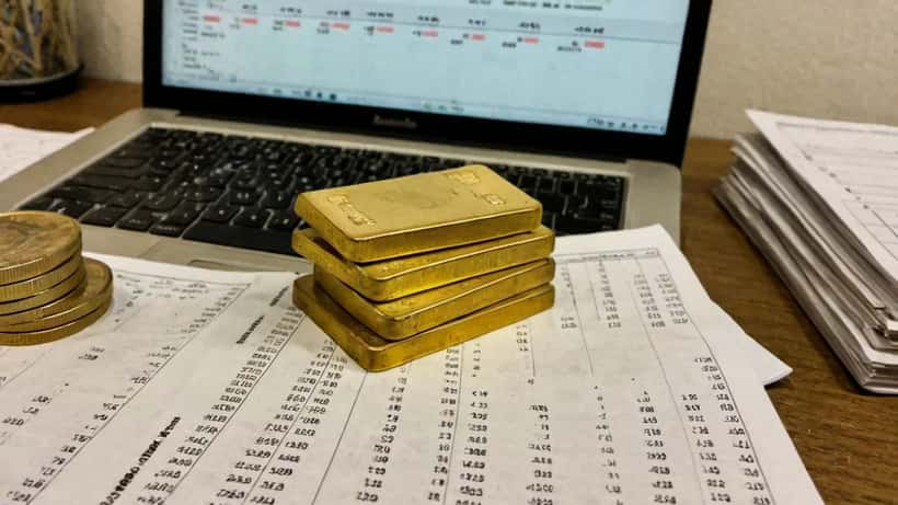 Goudstaven en munten op een bureau van een financieel adviseur in Amsterdam