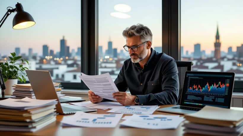 Imprenditore italiano analizza bollette energetiche e costi PMI in ufficio a Milano 2026