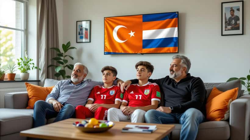 Turks-Nederlandse familie bekijkt WK 2026 wedstrijd Turkije-Paraguay thuis met twee vlaggen aan de muur