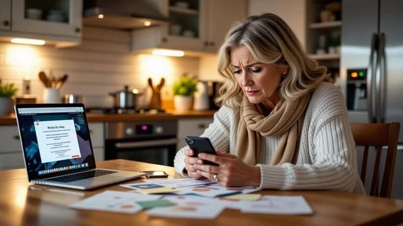 Woman at kitchen table distressed examining suspicious lottery win message on smartphone with gift cards and notes