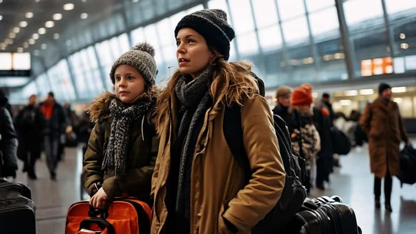 Nederlandse vrouw met kinderen en koffers op Schiphol na terugkeer uit het buitenland
