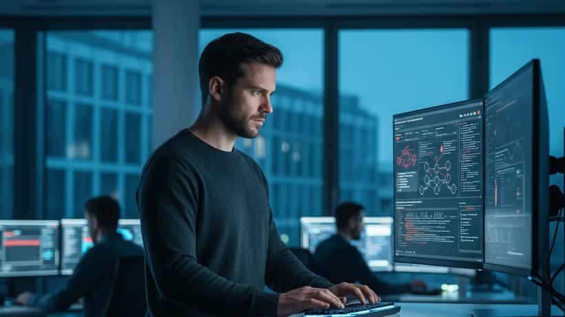 IT-Sicherheitsexperte analysiert Phishing-Warnmeldungen auf Bildschirmen in einem Münchner Büro