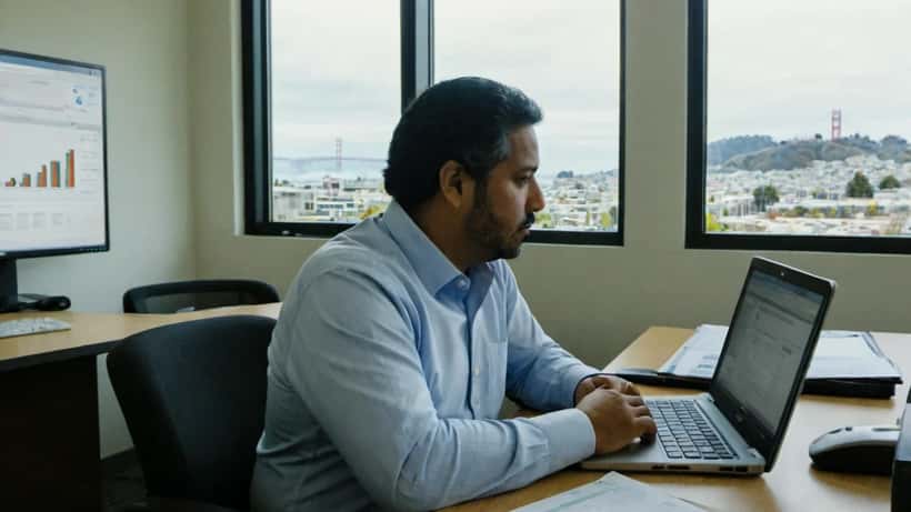Gerente de TI hispano revisando dashboard de CRM en laptop con gráfica de caída, ilustrando la crisis de Salesforce en 2026