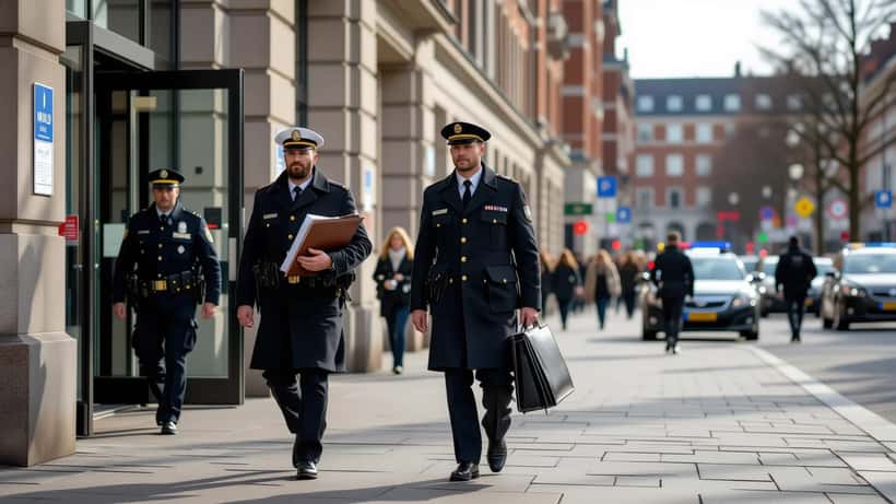 To mænd i jakkesæt eskorteret af danske betjente foran et retshus i København