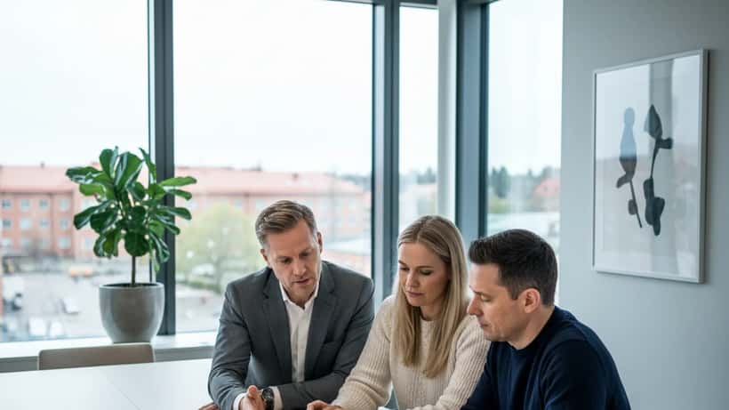 Svensk advokat och klientpar i ljust Malmö-kontor diskuterar hemskydd