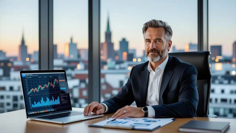 Formuerådgiver og klient gennemgår investeringsportefølje på moderne kontor