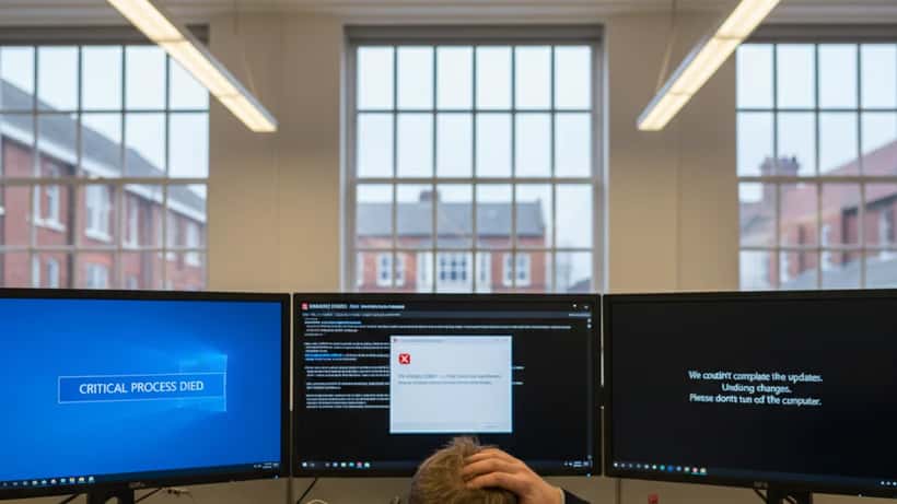 IT technician viewing Windows update error screens on multiple monitors in a UK office
