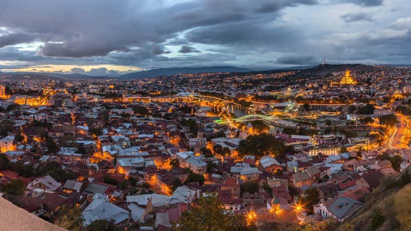 Evening panoramic view of Tbilisi, Georgia at dusk, the city the second leg of Larne vs Iberia 1999 will be played in