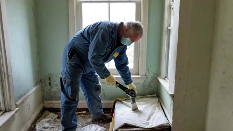 Canadian contractor in protective gear scraping old lead paint from window frame in a pre-war Toronto home