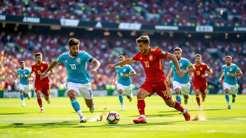 Fotbollsspelare från Uruguay och Spanien i en landskamp på solbelyst plan 2026