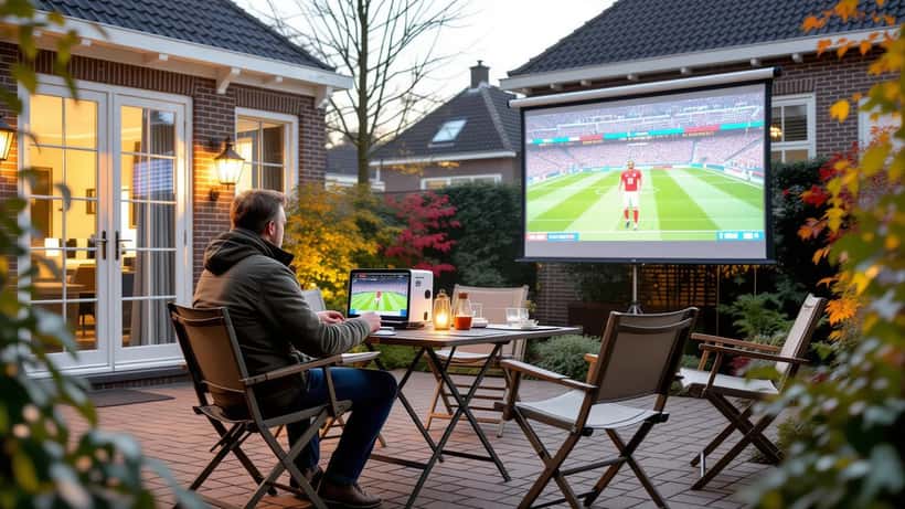 Man installeert outdoor bioscoop in Nederlandse achtertuin met projectiescherm voor voetbalwedstrijd