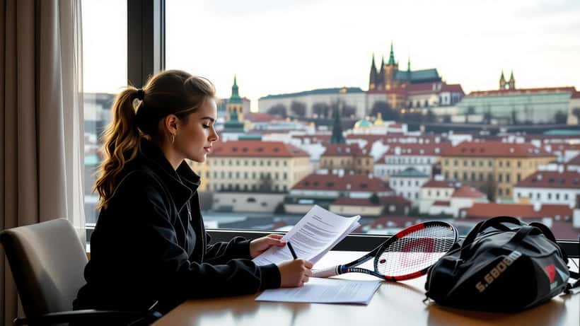 Young female tennis player reviewing contract documents at a hotel table in Prague, tennis racket visible nearby