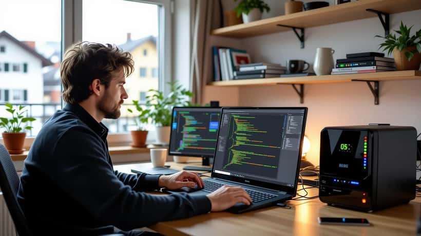 IT-Experte analysiert Smart-Home-Netzwerk am Laptop in Münchner Wohnzimmer