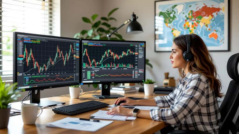 Mujer latina revisando gráficos de precios del petróleo y portafolio de inversiones en oficina en casa en Houston