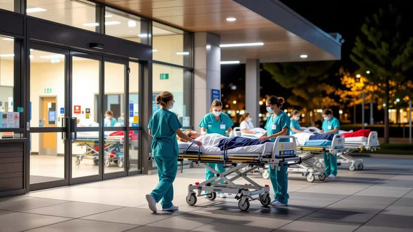 Brancards devant les urgences d'un hôpital français bondé, infirmière en blouse soignant un patient à l'extérieur