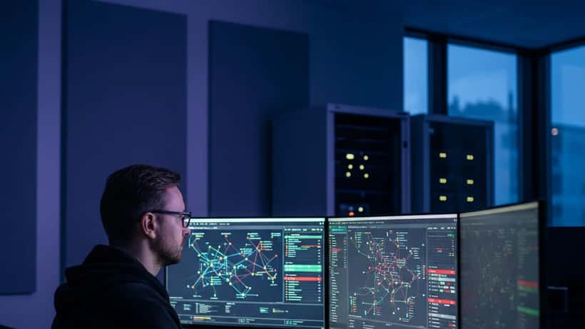 Suomalainen IT-tietoturva-asiantuntija seuraa kyberturvallisuuden valvontapäätteitä Kouvolan toimistossaan