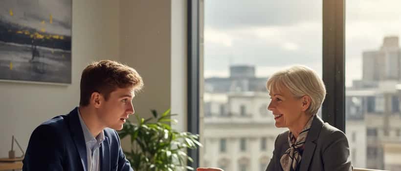 Young professional man discussing finances with a wealth adviser in a bright modern British office