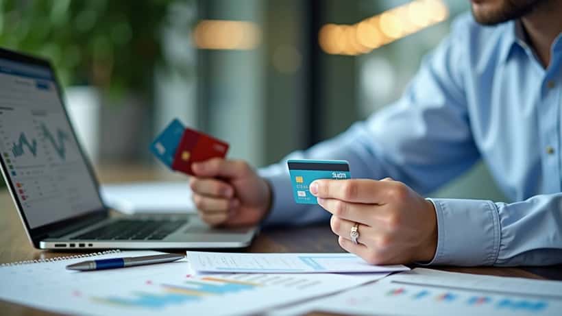 Professionnel suisse examinant ses cartes de crédit et relevés bancaires