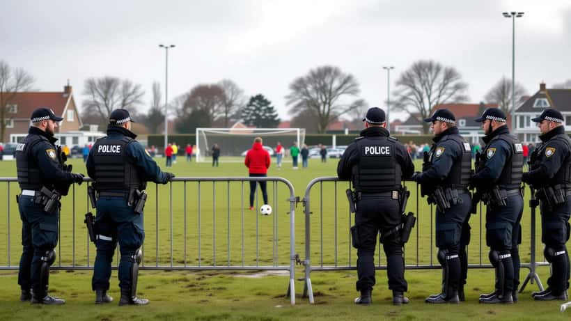 Voetbalsupporters op een drukke tribune bij een amateurvoetbalwedstrijd