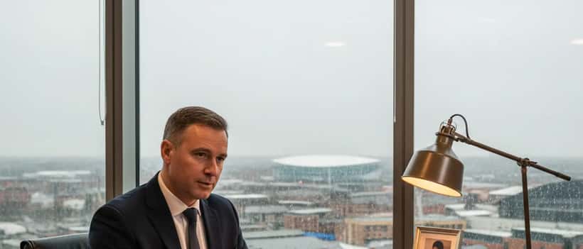 Entertainment lawyer reviewing streaming contract in Manchester office with city skyline in background