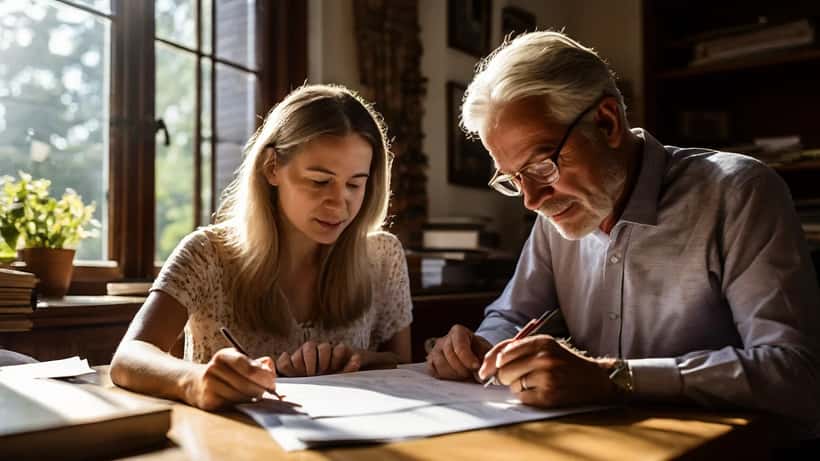 Un homme âgé et sa fille examinent des documents de succession dans un bureau notarial à Zurich