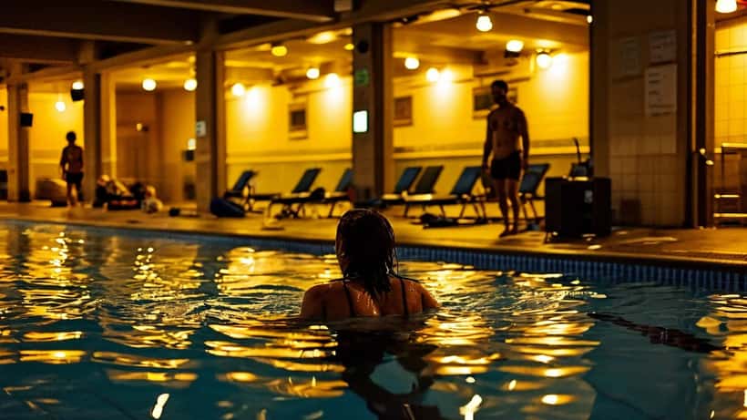 Piscina interior com emergência médica junto à borda e prancha de flutuação na água
