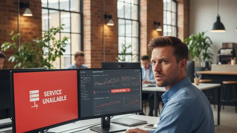 British IT specialist reviewing business continuity dashboard after X platform outage in London office