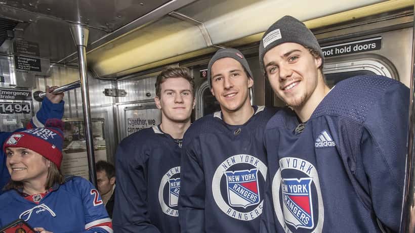 Brett Howden with Adam Fox and Ryan Strome during his New York Rangers NHL career