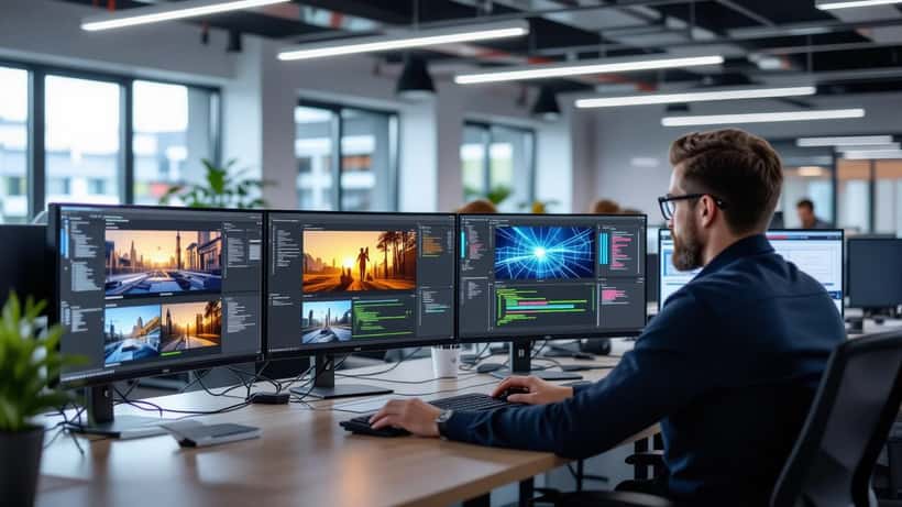 IT-Ingenieur arbeitet an Streaming-Plattform-Monitoren in einem deutschen Medienunternehmen