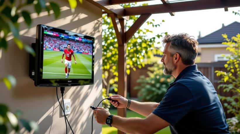 Weatherproof outdoor TV and RCD-protected socket set up in a British garden to watch summer football